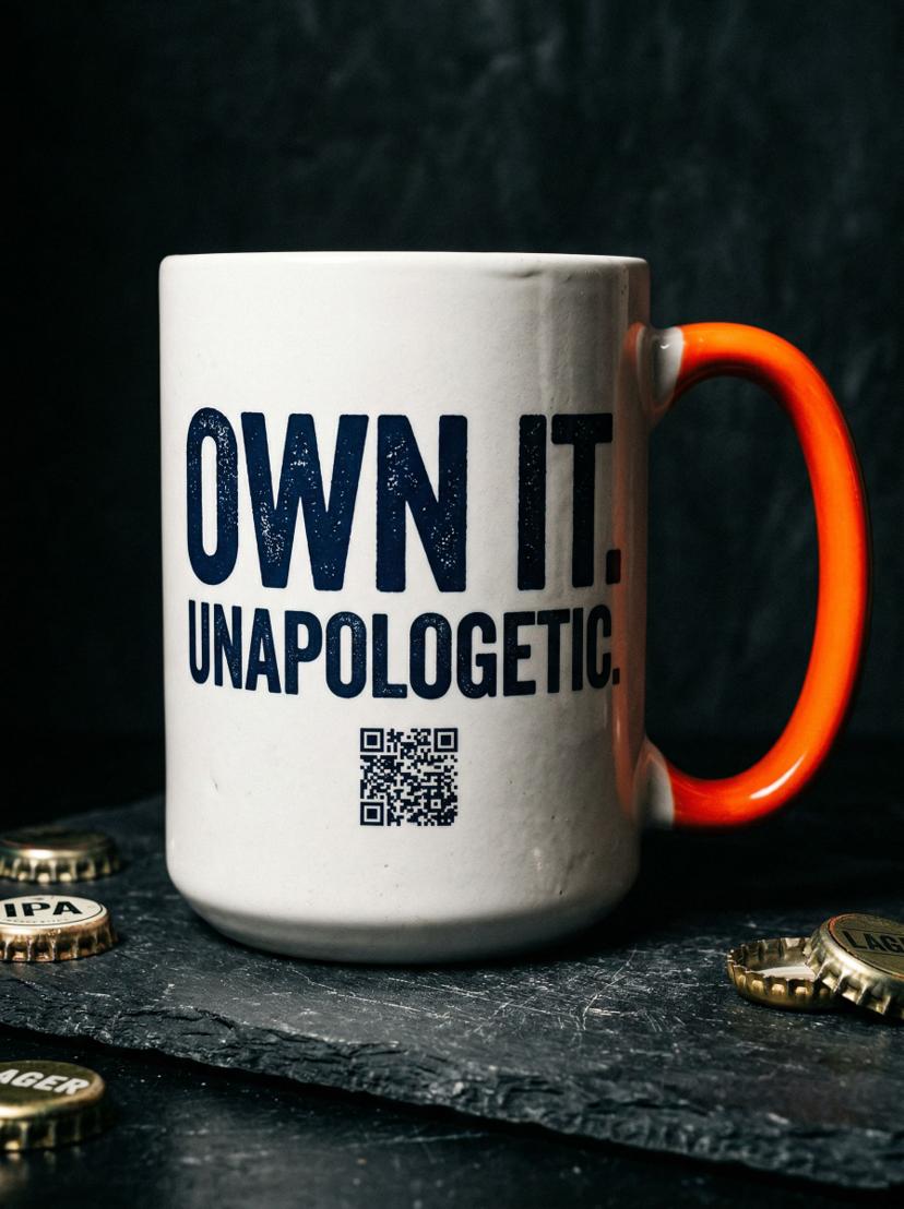 The Sweary range mug with orange handle on a dark slate surface with bottle caps