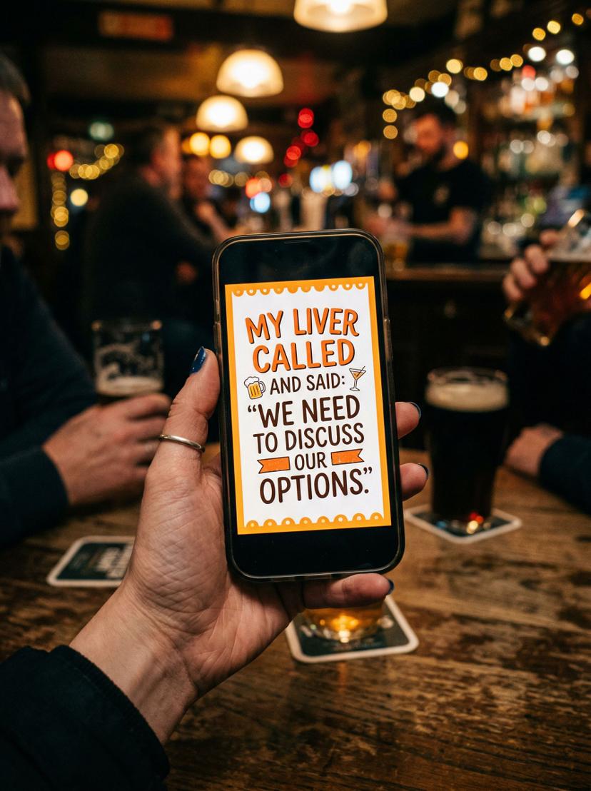 A phone in a pub showing a cheeky daily message reveal